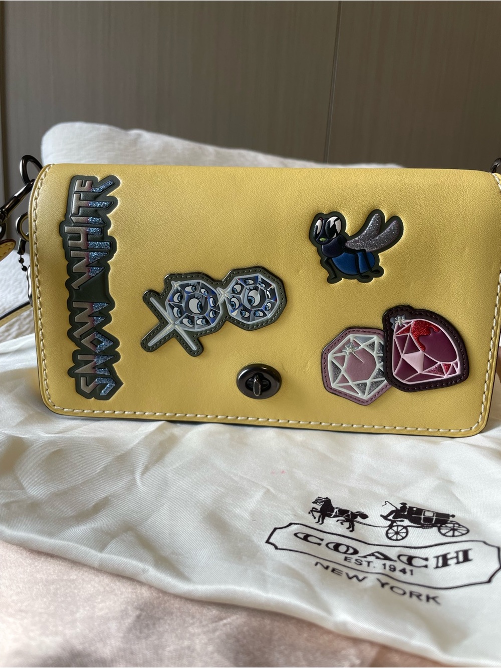 Coach 1941 x Disney Snow White Yellow Dinky Crossbody Bag with Playful Patches